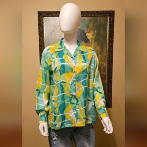 Vintage Japanese Green/Yellow Button-Up Long Sleeve Shirt Size Large